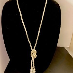 Pearl Necklace knotted, extra long with faux rhinestones